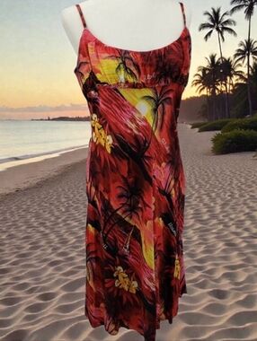 Y2k Aloha Hut Hawaii Babydoll Dress Size L (Tagged 2X) Red Yellow Tropical Print